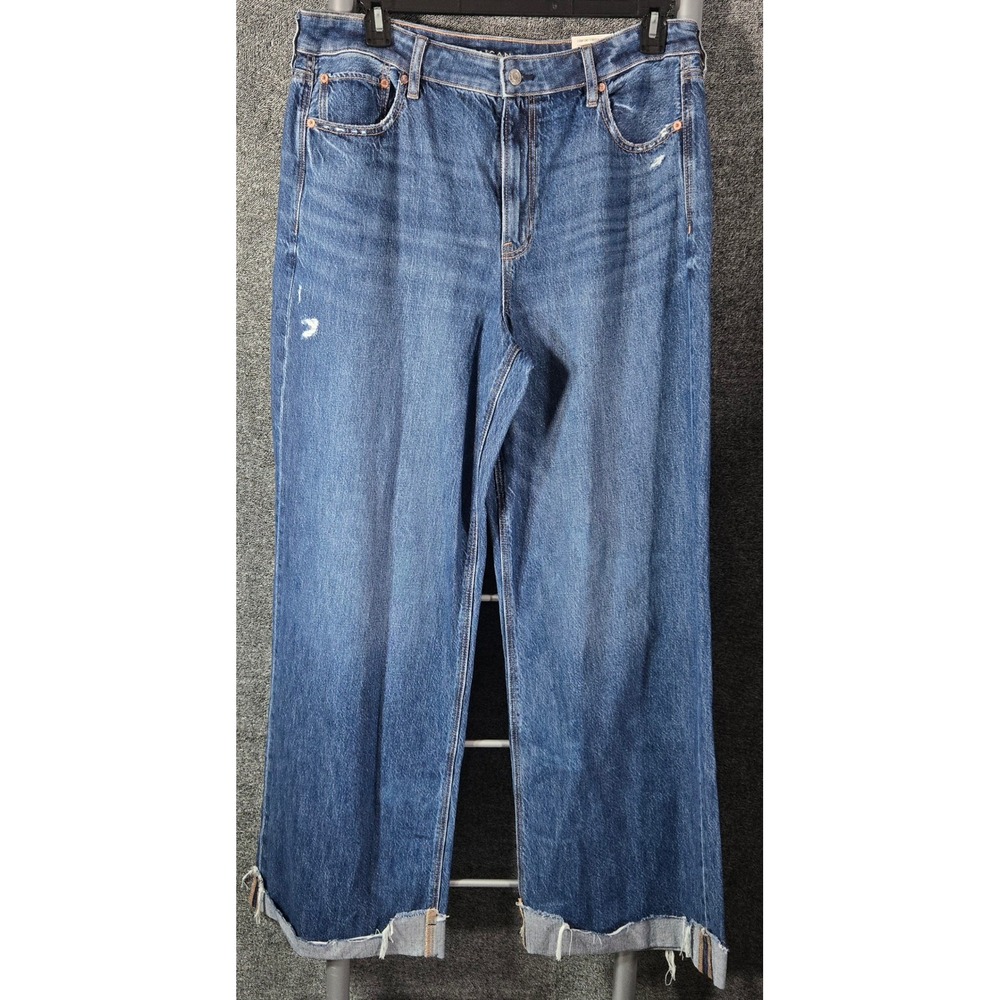 American Eagle Super High-Rise Baggy Wide Leg Jeans Blue 16 Long NEW Distressed